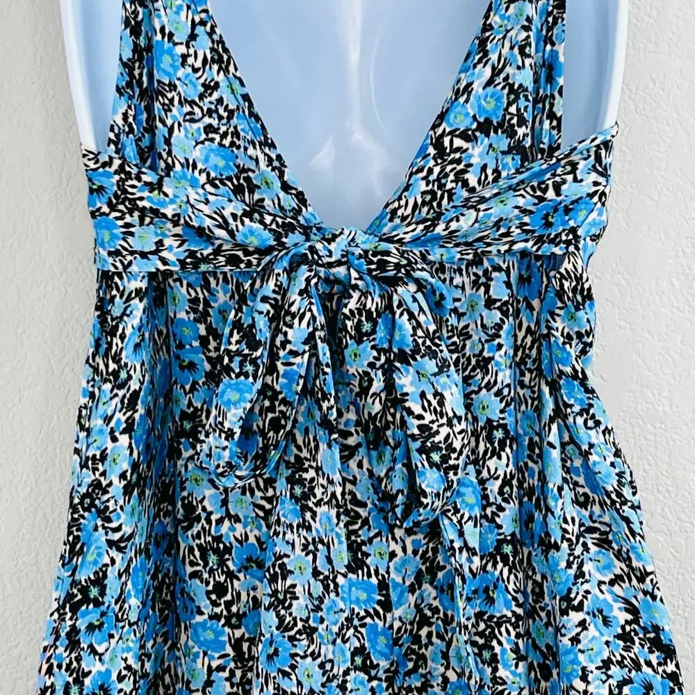 Topshop Floral Tie Back Romper Blue Black Boho Summer Beach Festival 6 NWT